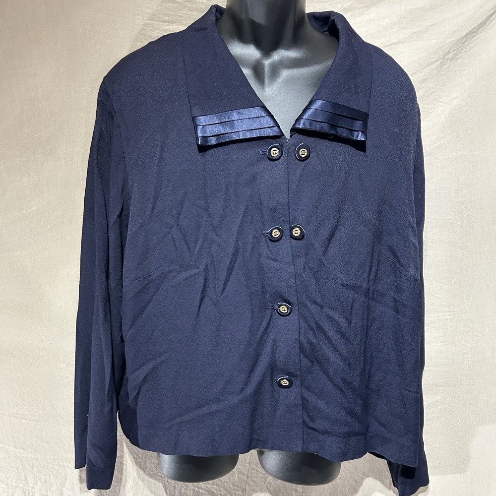 Vintage Jessica Howard Woman Plus Size 24 Navy Blue Rayon Jacket Satin Collar